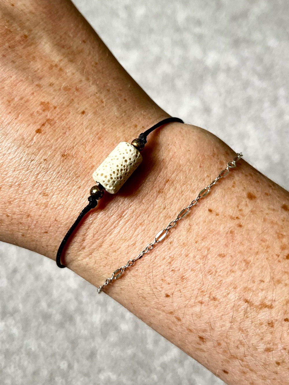 White Lava Bead Bracelet on Black Cord from Iceland